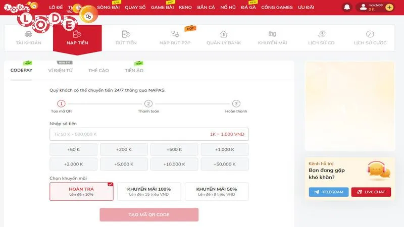 Giao diện nạp tiền vào hệ thống với nhiều hình thức