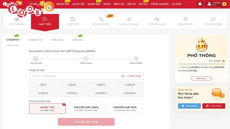 Nạp siêu an toàn qua codepay ngân hàng